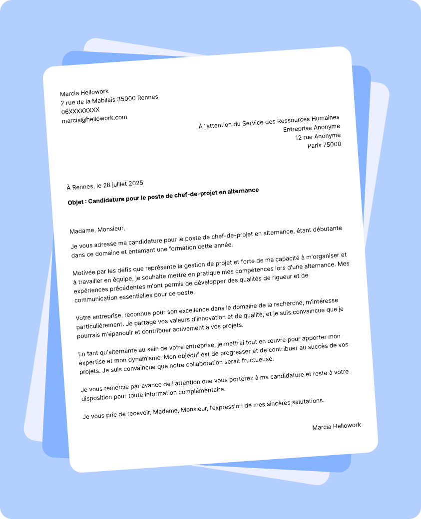 Modèle lettre de motivation Chef de projet en alternance Exemple lettre de motivation Chef de projet en alternance