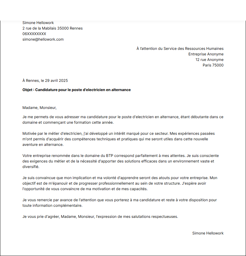 Exemple lettre de motivation Electricien en alternance