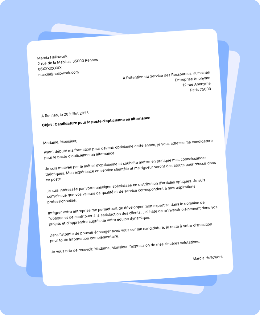 Exemple lettre de motivation Opticien en alternance
