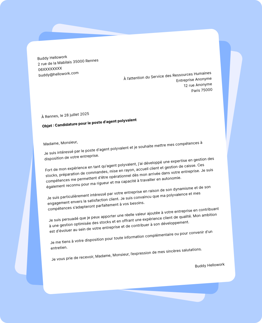 Modèle lettre de motivation en tant que Agent polyvalent Exemple lettre de motivation en tant que Agent polyvalent
