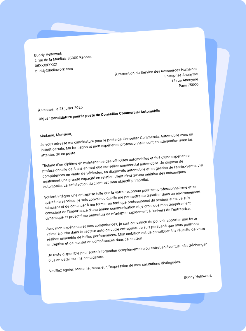 Modèle lettre de motivation pour le secteur Auto Exemple lettre de motivation pour le secteur Auto
