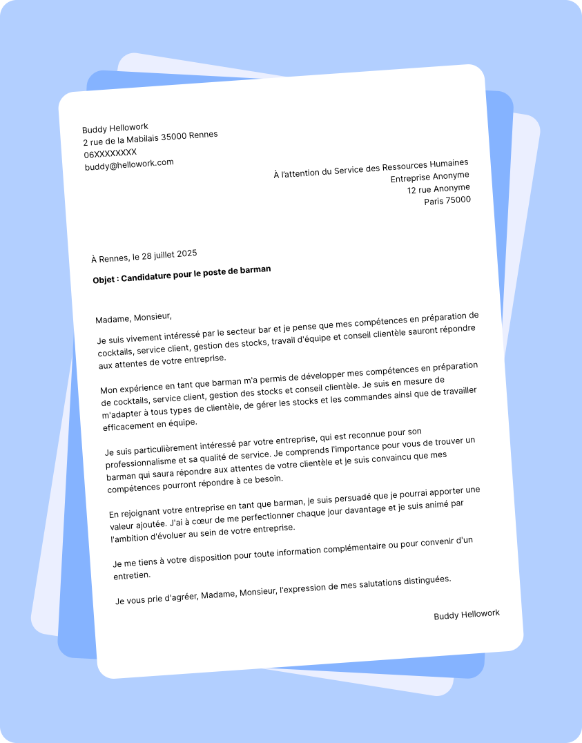 Modèle lettre de motivation pour le secteur Bar Exemple lettre de motivation pour le secteur Bar