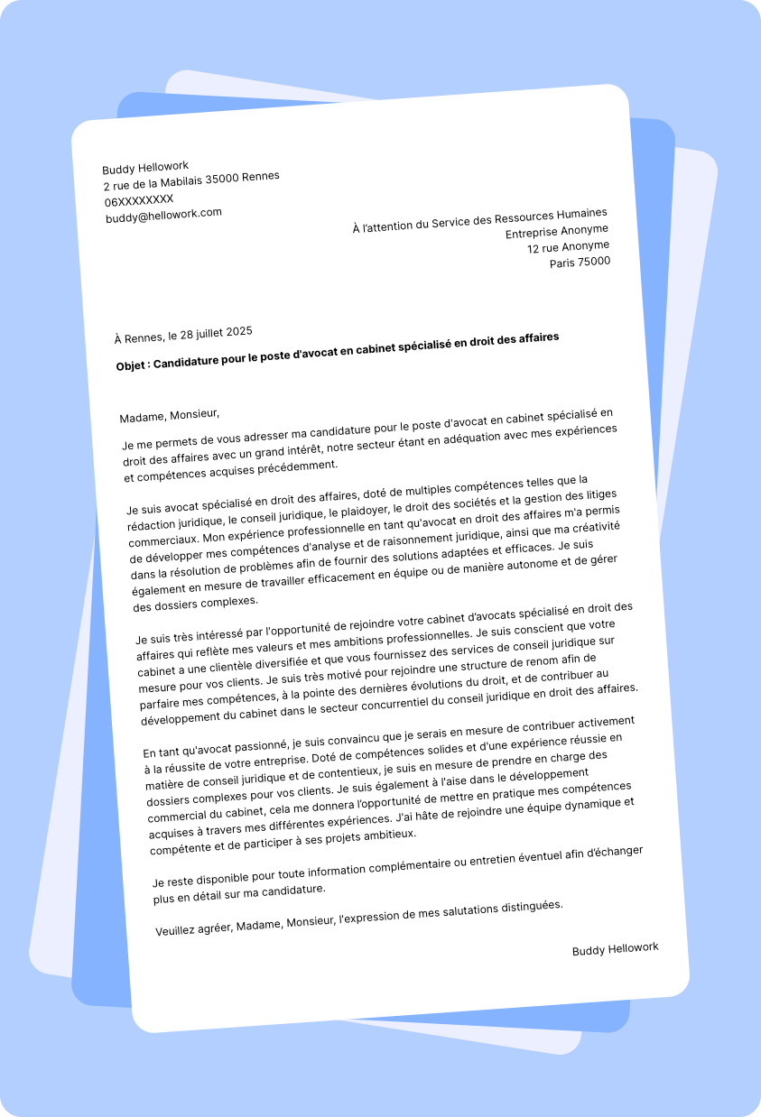 Exemple lettre de motivation pour le secteur Cabinet Avocat