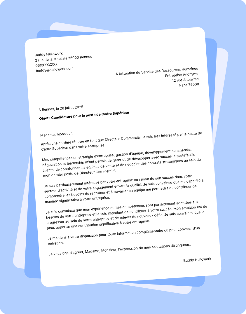 Exemple lettre de motivation en tant que Cadre Superieur