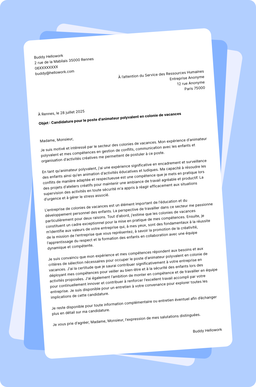 Modèle lettre de motivation pour le secteur Colonie de vacances Exemple lettre de motivation pour le secteur Colonie de vacances