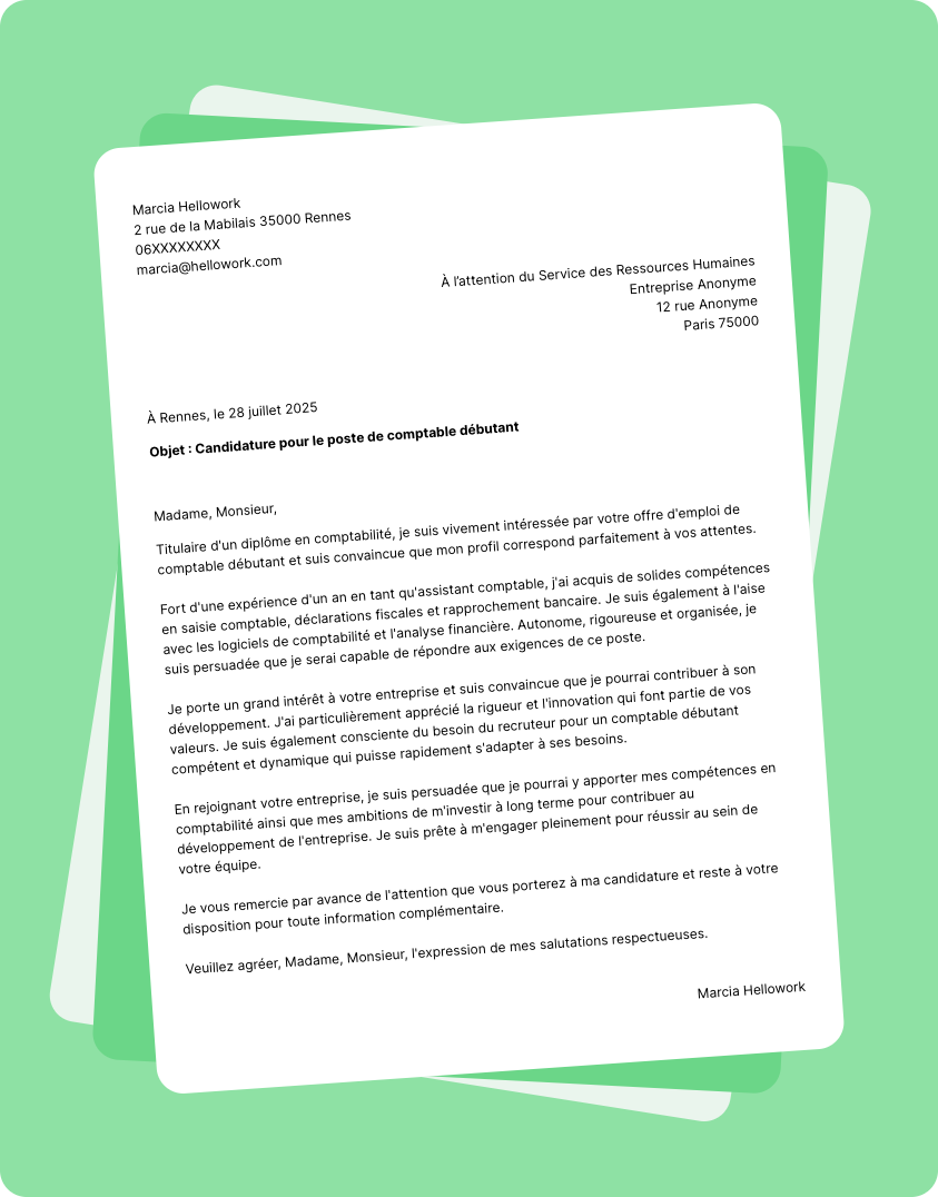 Exemple lettre de motivation en tant que Comptable débutant