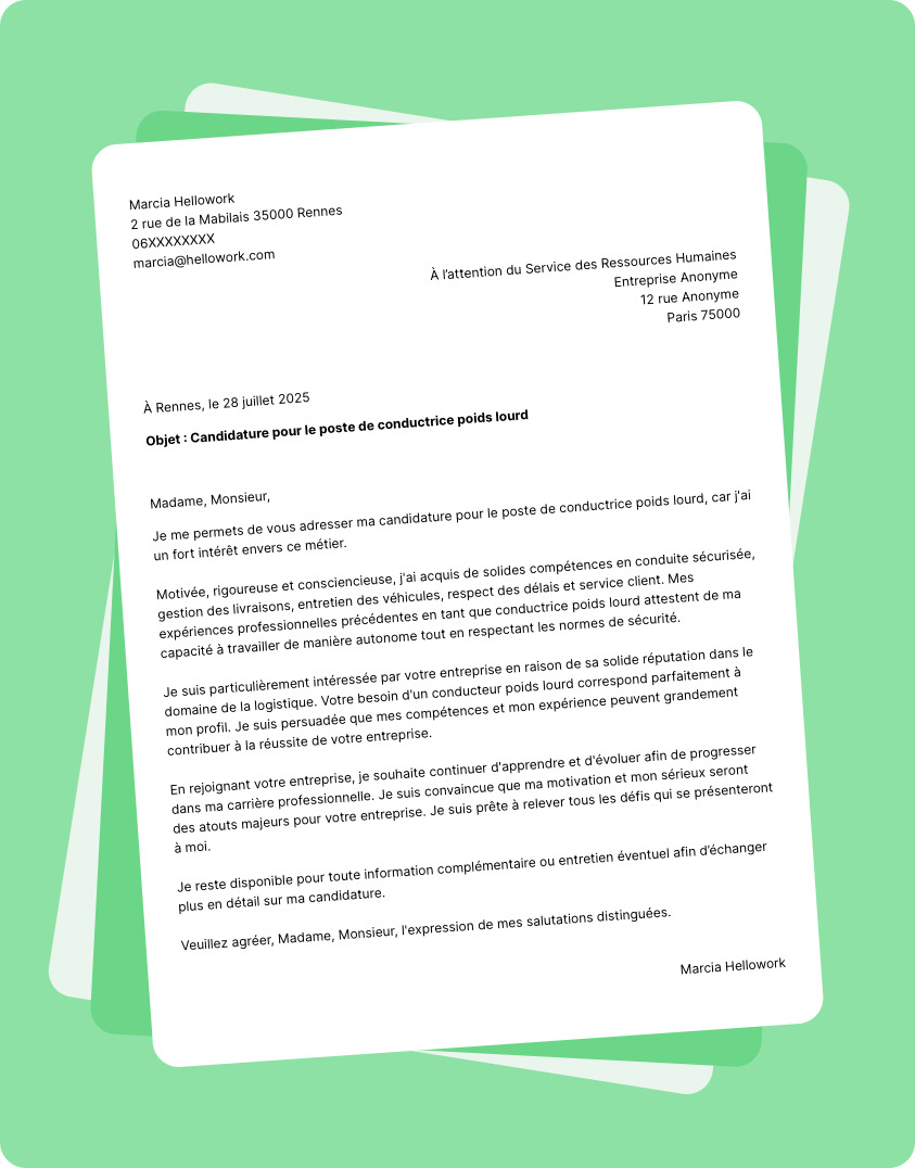 Exemple lettre de motivation en tant que Conducteur Poids Lourd