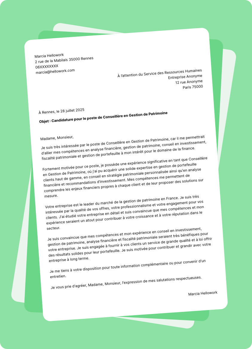 Modèle lettre de motivation en tant que Conseiller Gestion De Patrimoine Exemple lettre de motivation en tant que Conseiller Gestion De Patrimoine