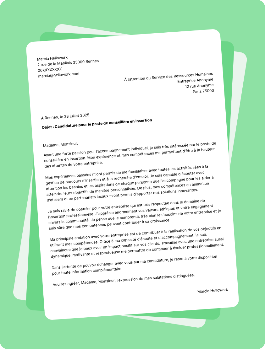 Exemple lettre de motivation en tant que Conseillere En Insertion
