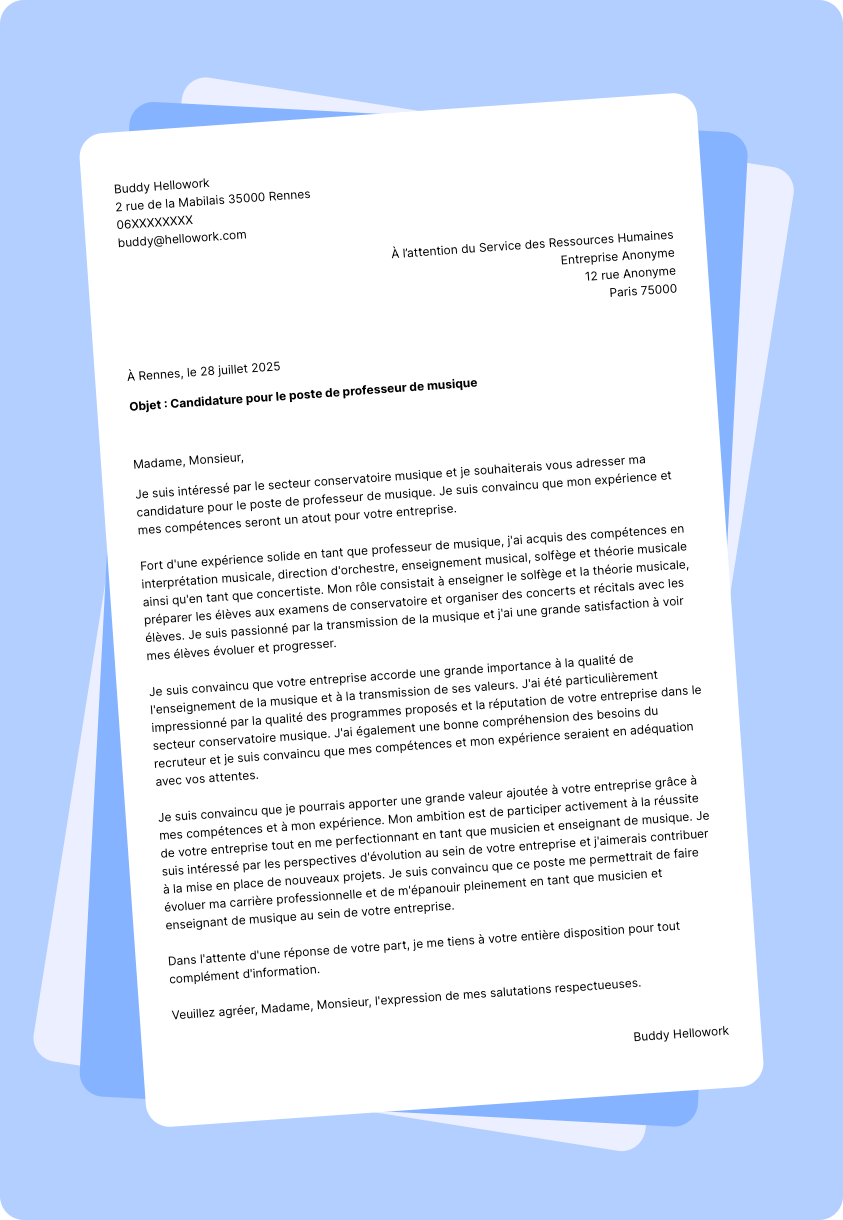 Modèle lettre de motivation pour le secteur Conservatoire musique Exemple lettre de motivation pour le secteur Conservatoire musique