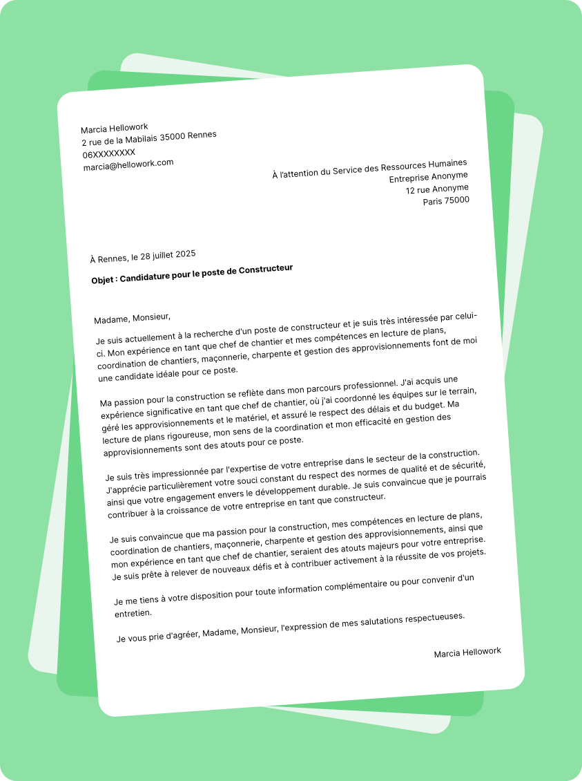 Exemple lettre de motivation en tant que Constructeur