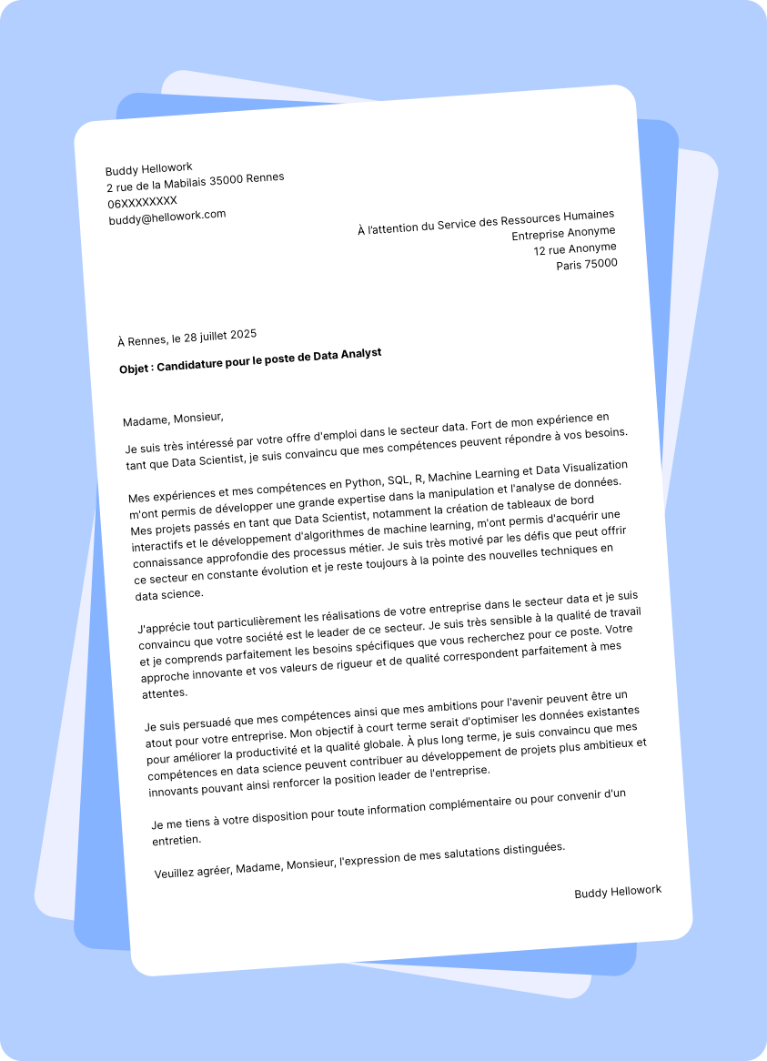 Exemple lettre de motivation pour le secteur Data