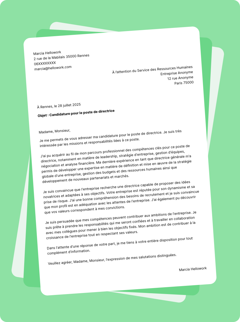 Exemple lettre de motivation en tant que Directrice