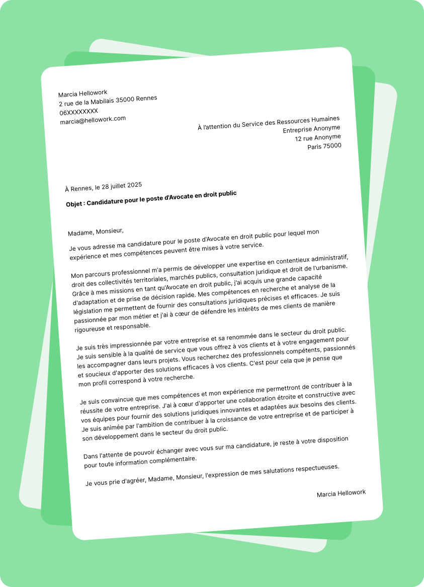 Modèle lettre de motivation pour le secteur Droit public Exemple lettre de motivation pour le secteur Droit public