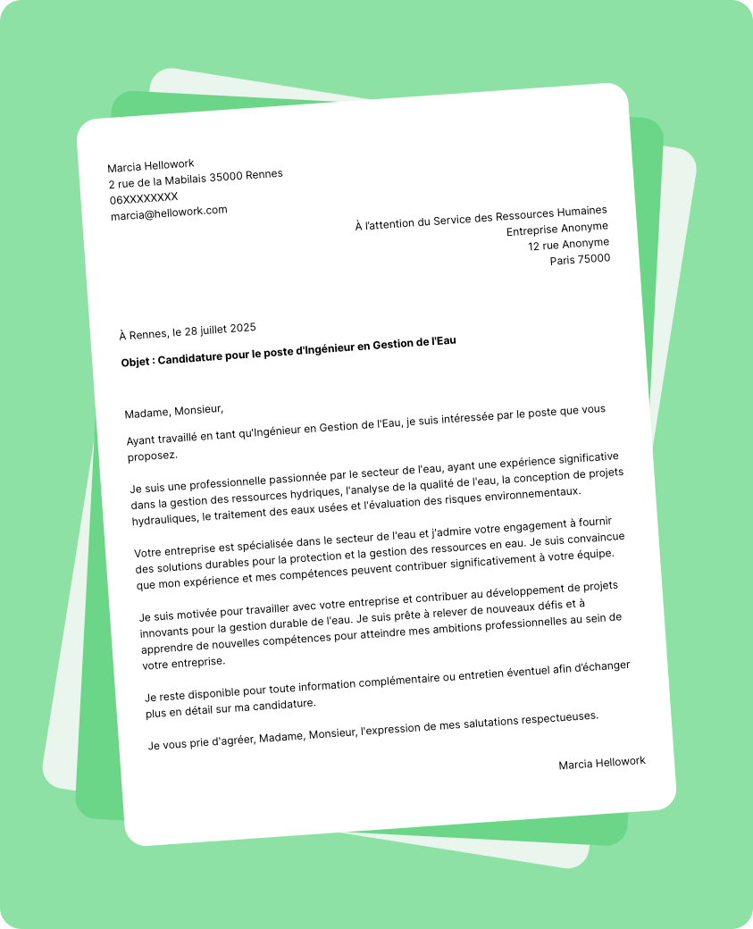 Modèle lettre de motivation pour le secteur Eau Exemple lettre de motivation pour le secteur Eau