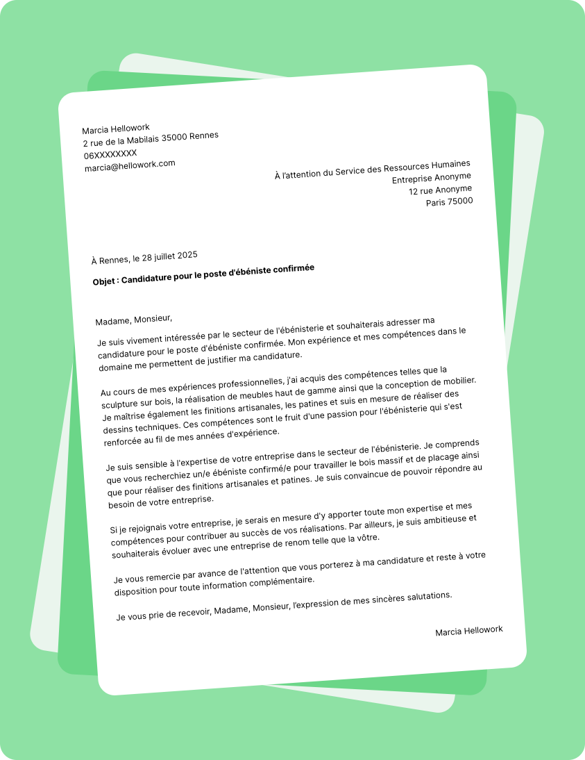 Exemple lettre de motivation pour le secteur Ebenisterie