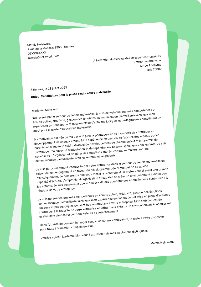 Exemple lettre de motivation pour le secteur Ecole maternelle