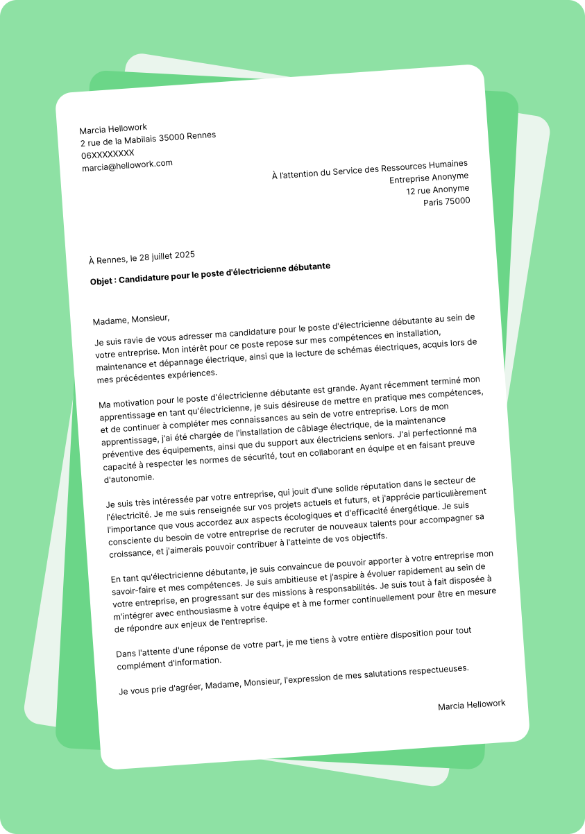 Modèle lettre de motivation en tant que Electricien debutant Exemple lettre de motivation en tant que Electricien debutant