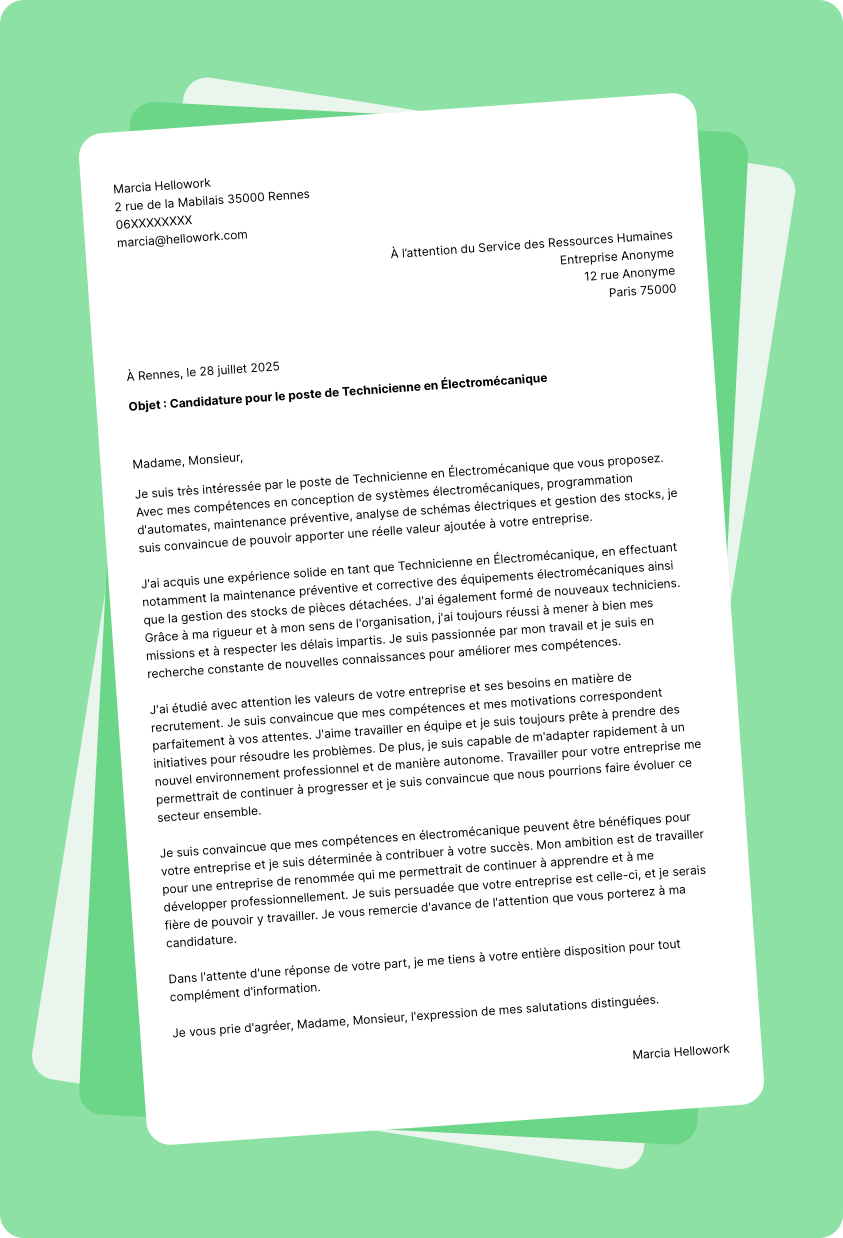 Modèle lettre de motivation pour le secteur Electromecanique Exemple lettre de motivation pour le secteur Electromecanique