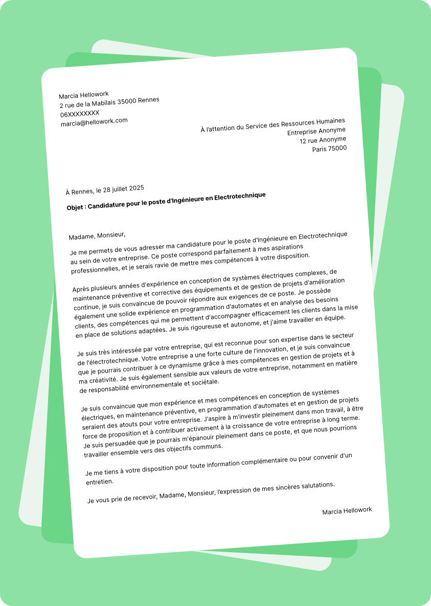 Modèle lettre de motivation pour le secteur Electrotechnique Exemple lettre de motivation pour le secteur Electrotechnique