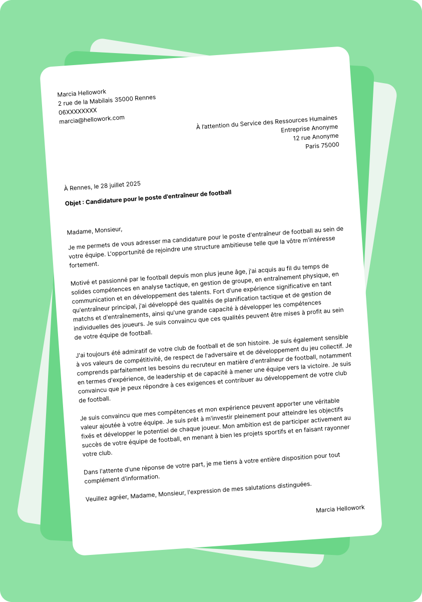 Exemple lettre de motivation en tant que Entraineur Football