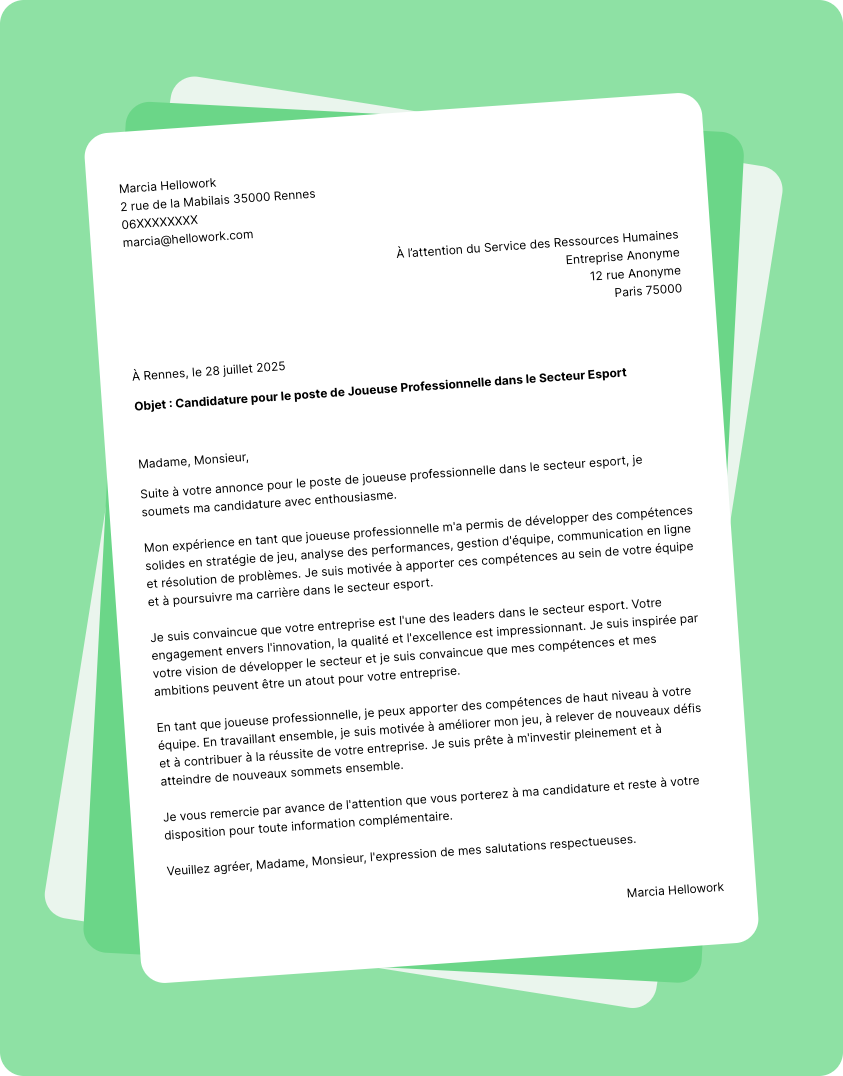 Modèle lettre de motivation pour le secteur Esport Exemple lettre de motivation pour le secteur Esport