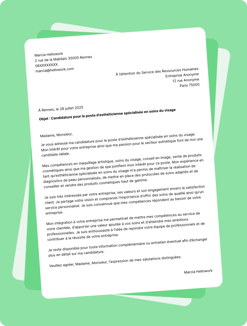 Exemple lettre de motivation pour le secteur Esthetique
