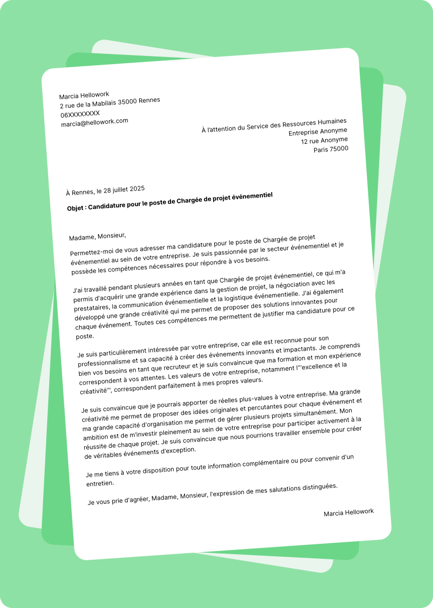 Exemple lettre de motivation pour le secteur Evenementiel