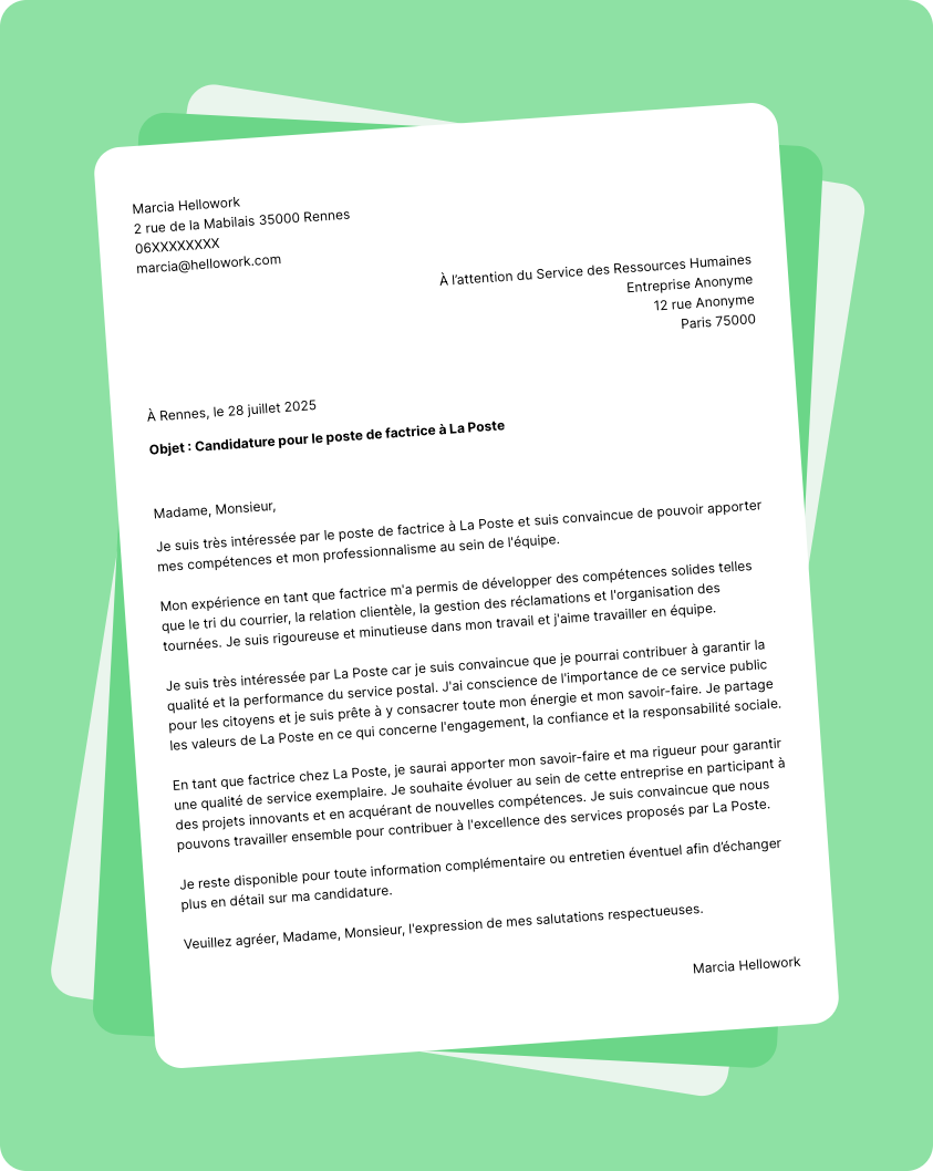 Exemple lettre de motivation en tant que Facteur la poste