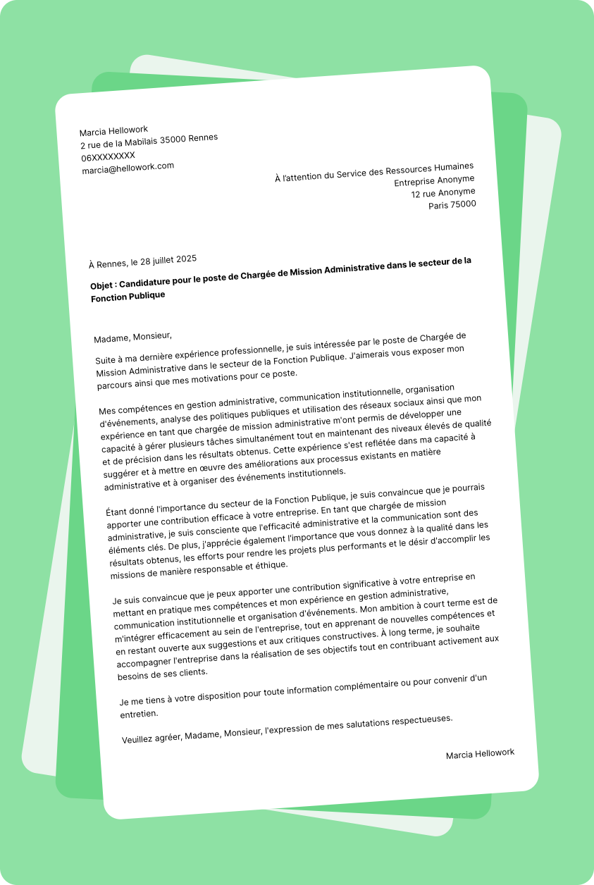 Modèle lettre de motivation pour le secteur Fonction publique Exemple lettre de motivation pour le secteur Fonction publique