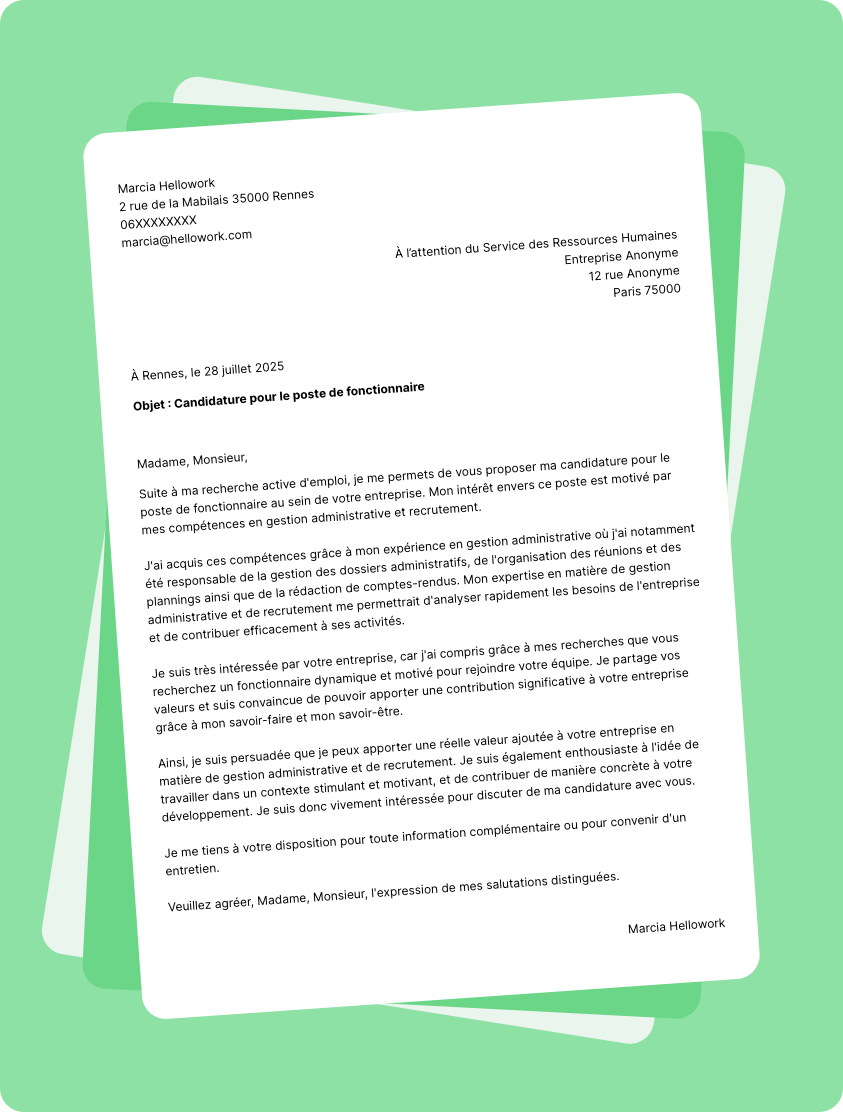 Exemple lettre de motivation en tant que Fonctionnaire