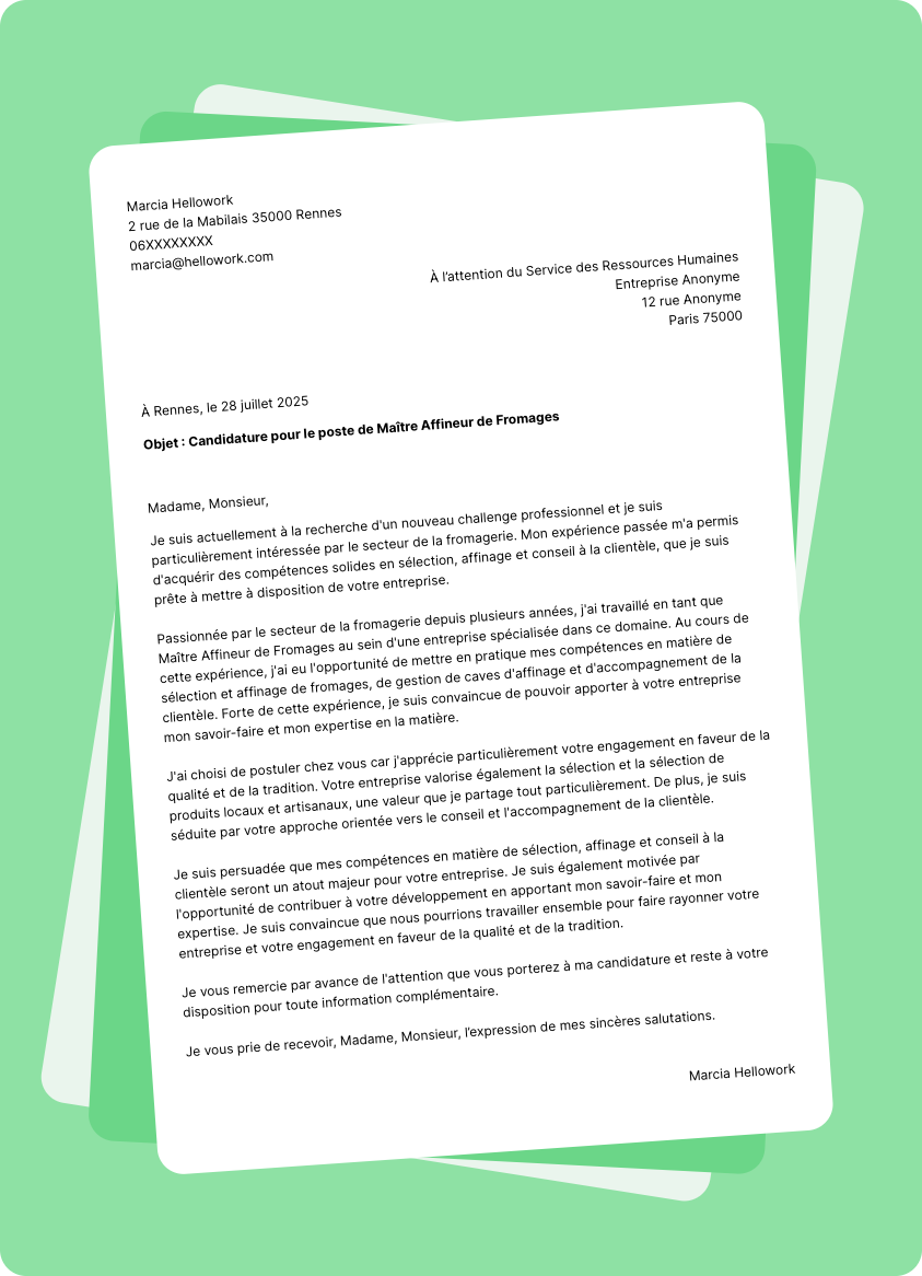 Modèle lettre de motivation pour le secteur Fromagerie Exemple lettre de motivation pour le secteur Fromagerie