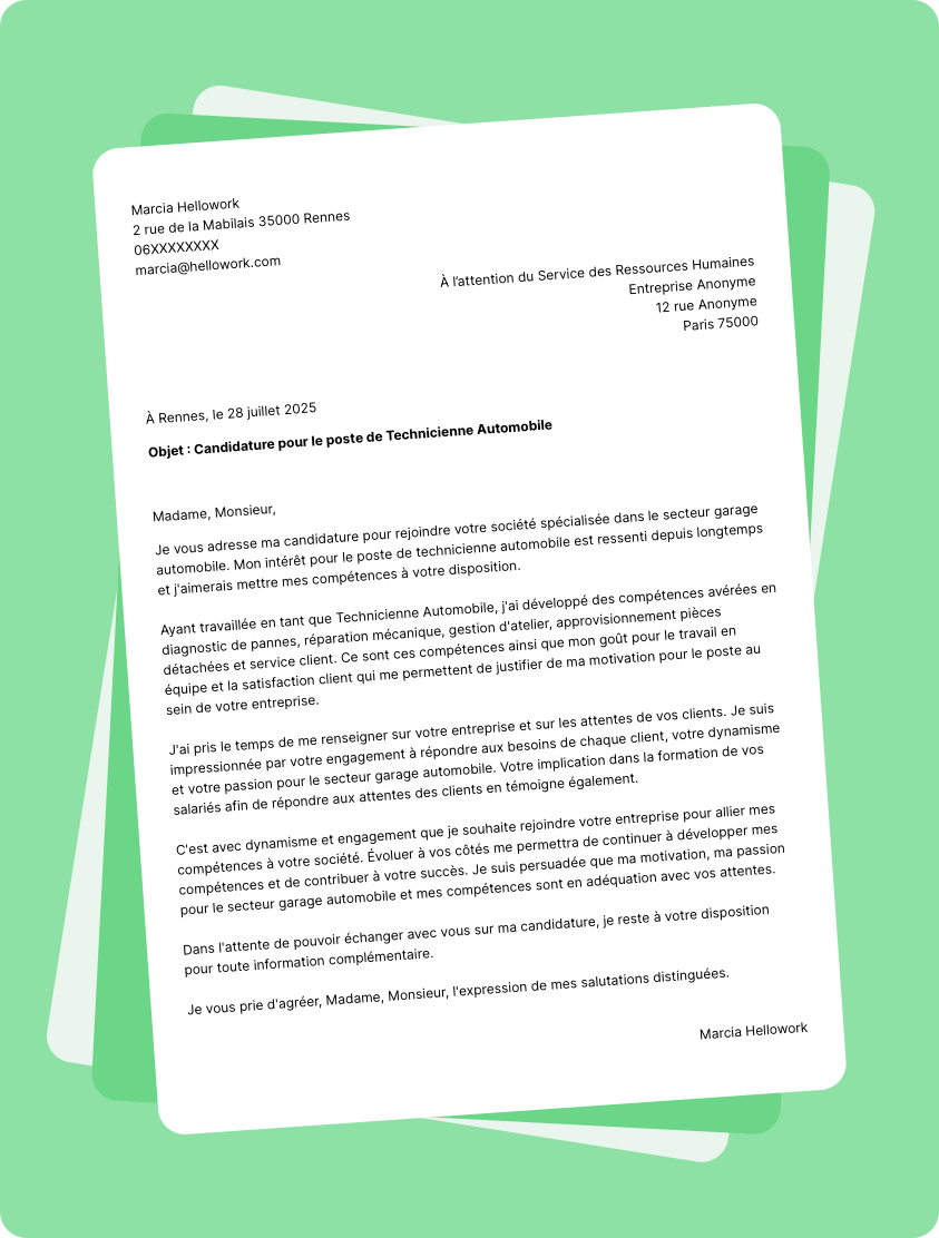 Modèle lettre de motivation pour le secteur Garage Automobile Exemple lettre de motivation pour le secteur Garage Automobile