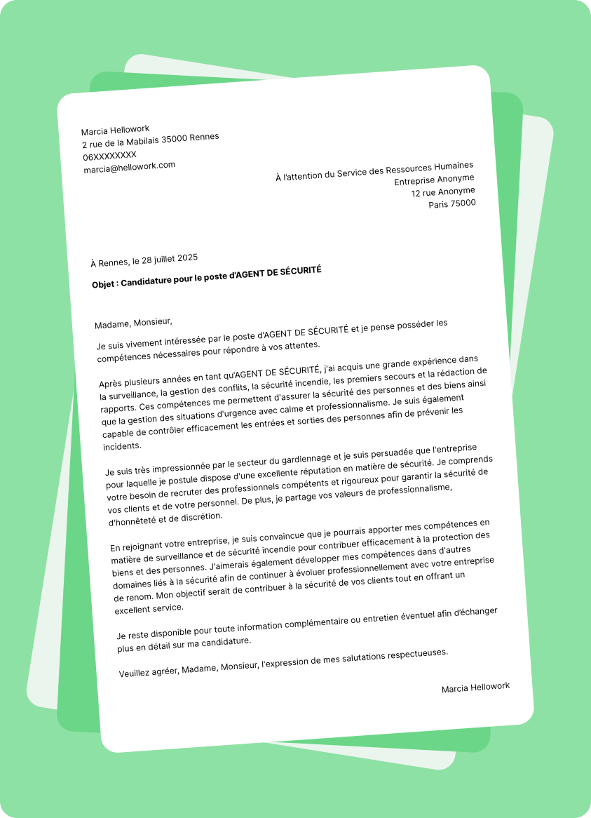 Modèle lettre de motivation pour le secteur Gardiennage Exemple lettre de motivation pour le secteur Gardiennage