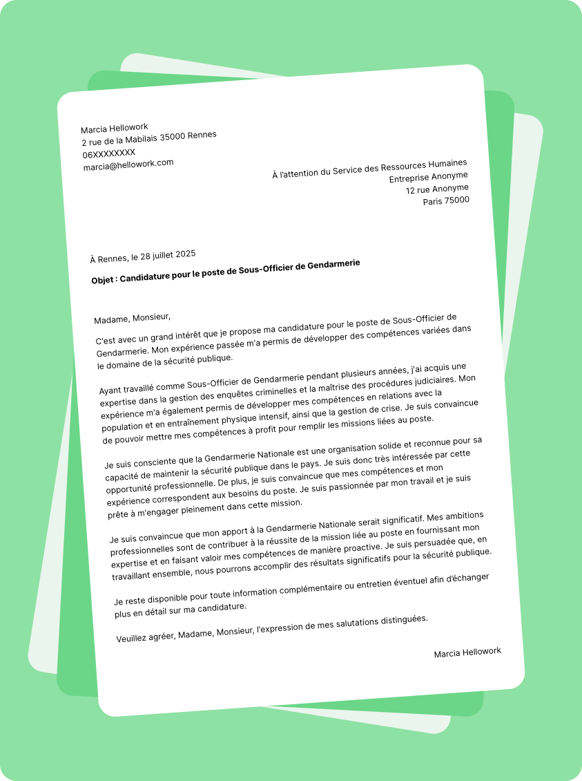 Modèle lettre de motivation pour le secteur Gendarmerie Exemple lettre de motivation pour le secteur Gendarmerie