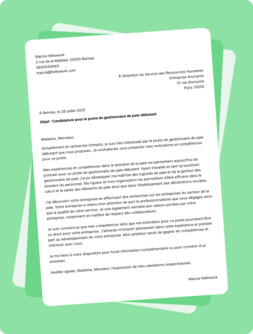 Exemple lettre de motivation en tant que Gestionnaire de paie débutant