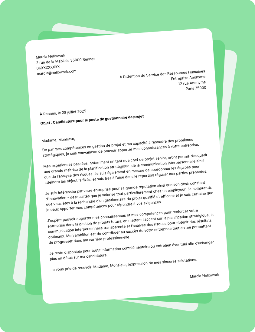 Modèle lettre de motivation en tant que Gestionnaire de projet Exemple lettre de motivation en tant que Gestionnaire de projet