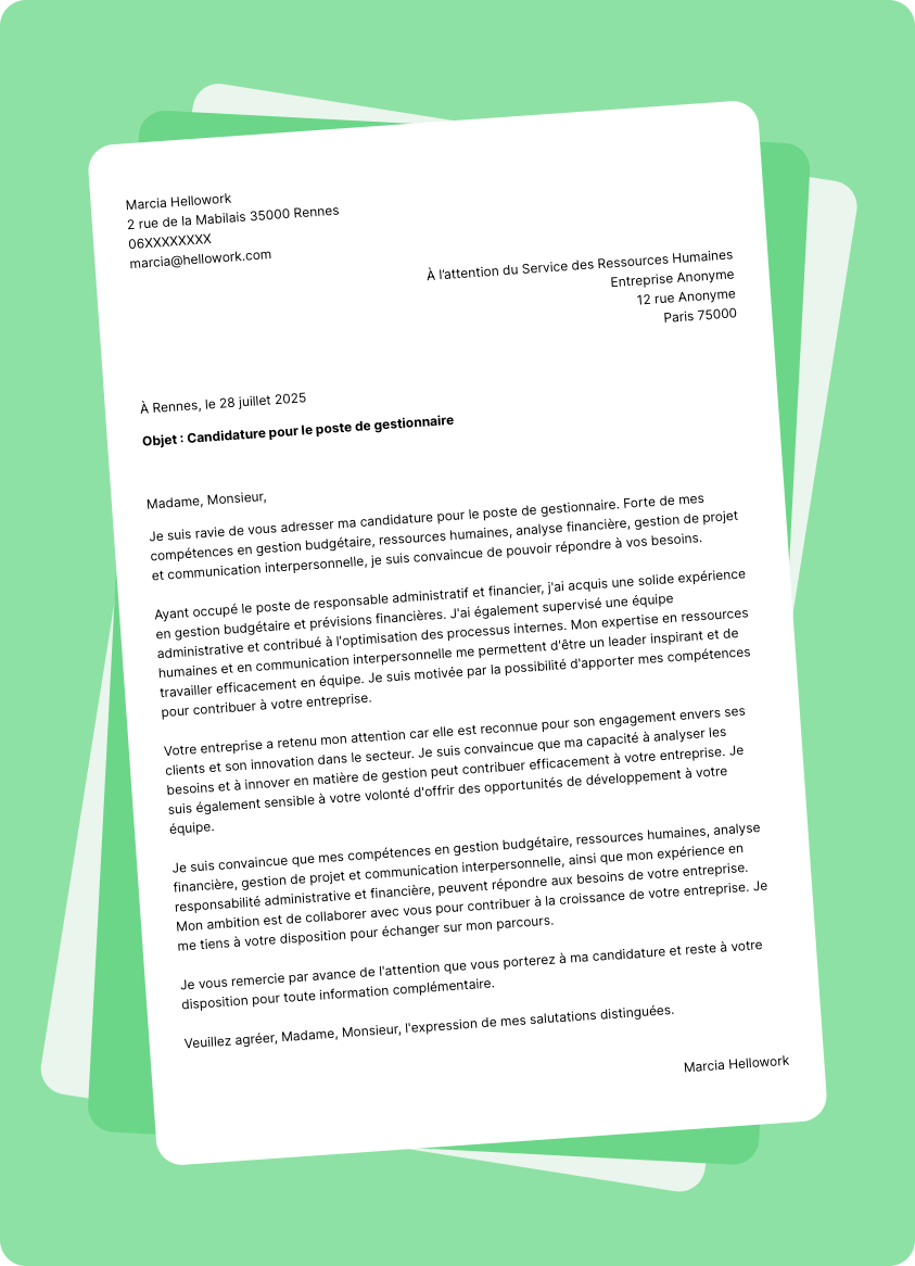 Exemple lettre de motivation en tant que Gestionnaire