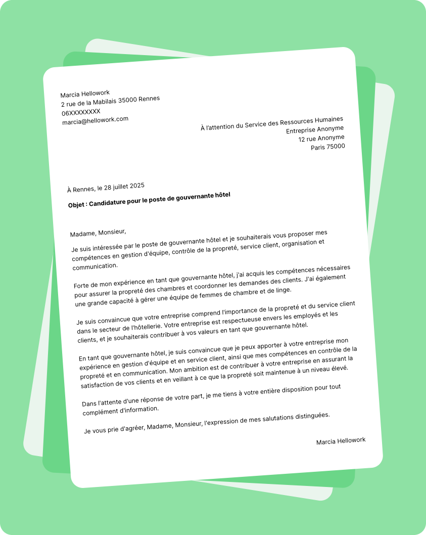 Modèle lettre de motivation en tant que Gouvernante Hotel Exemple lettre de motivation en tant que Gouvernante Hotel