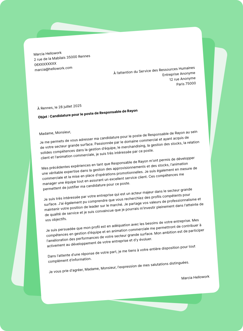 Modèle lettre de motivation pour le secteur Grande surface Exemple lettre de motivation pour le secteur Grande surface