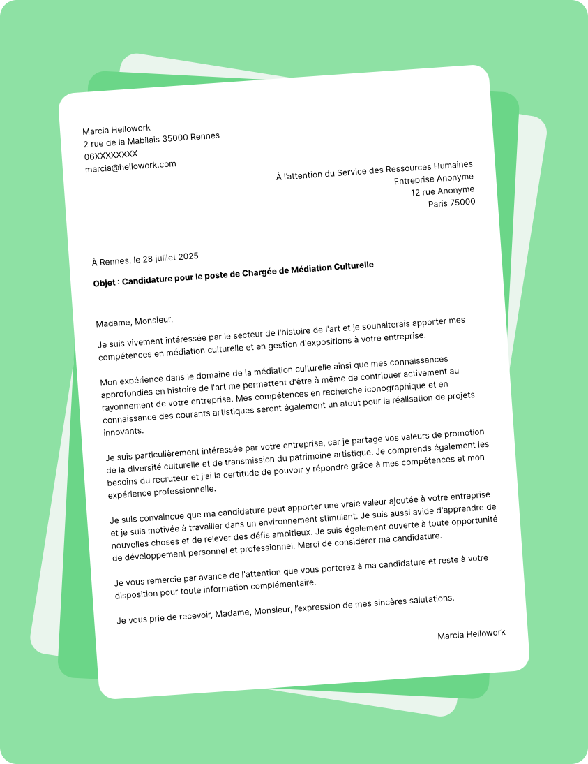 Modèle lettre de motivation pour le secteur Histoire de l'art Exemple lettre de motivation pour le secteur Histoire de l'art
