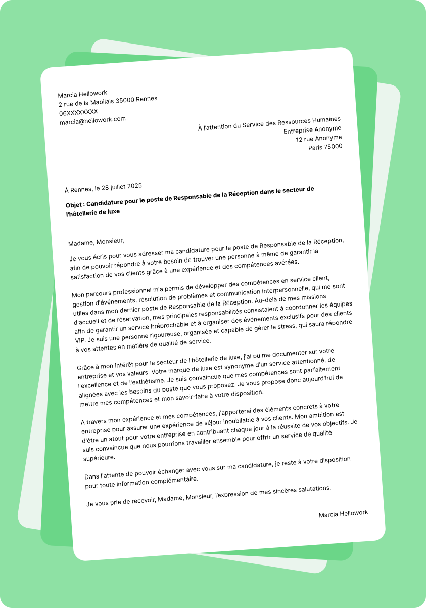 Modèle lettre de motivation pour le secteur Hotellerie de luxe Exemple lettre de motivation pour le secteur Hotellerie de luxe
