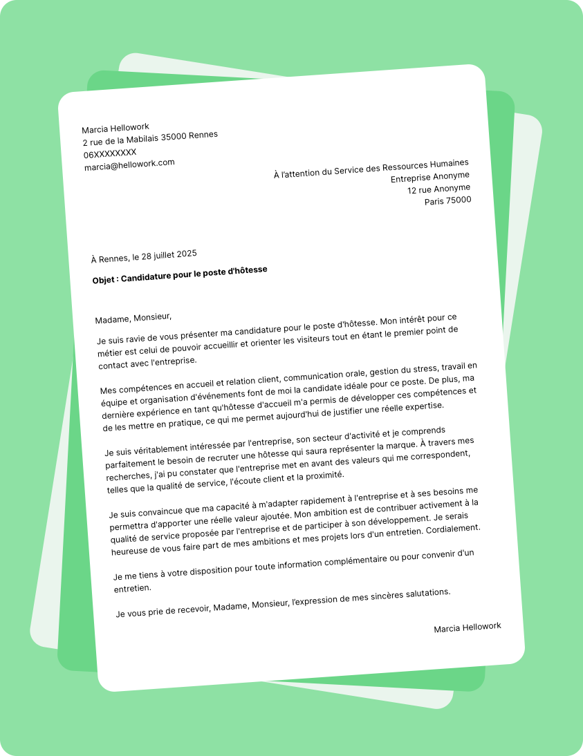 Exemple lettre de motivation en tant que Hôtesse