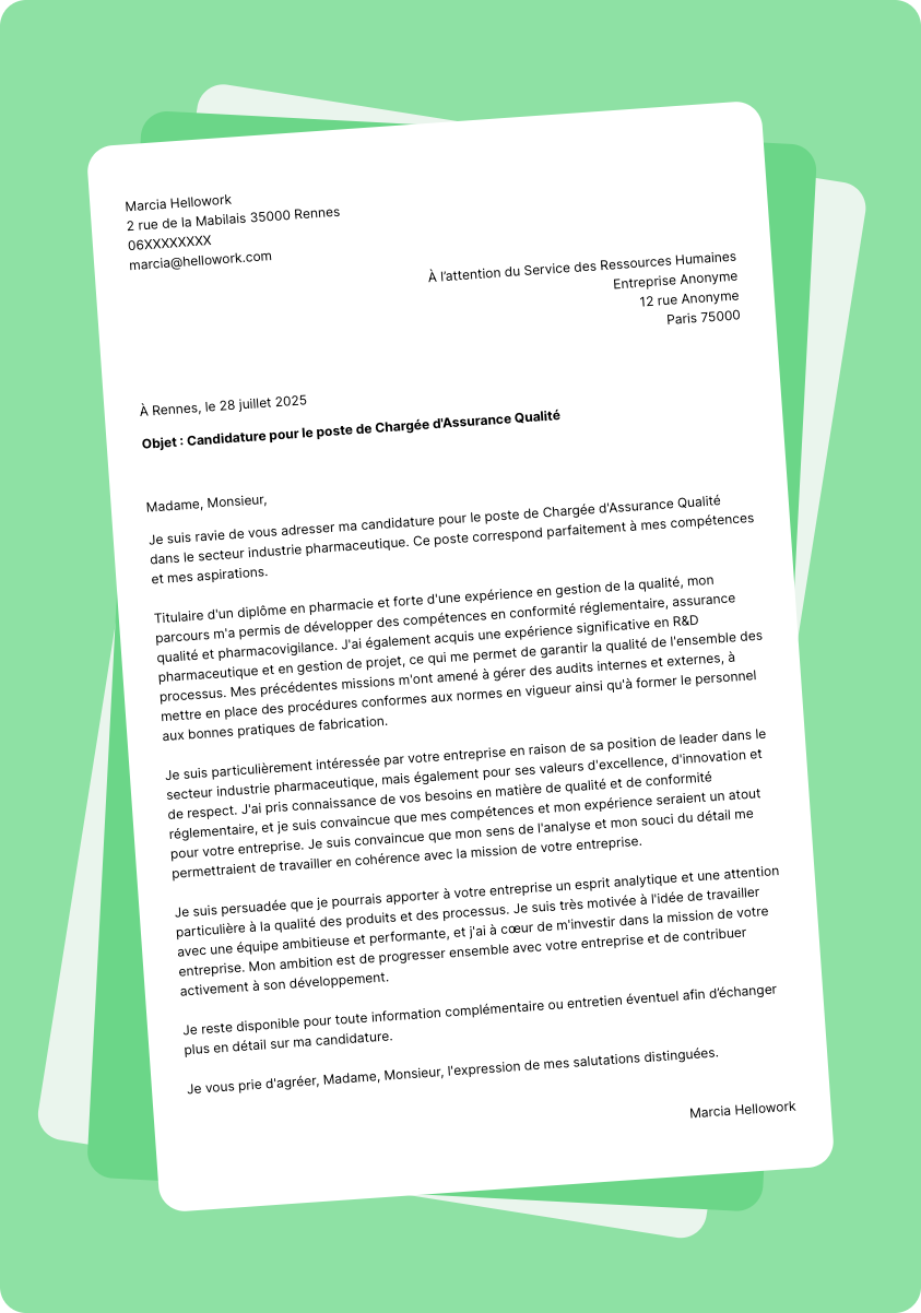 Modèle lettre de motivation pour le secteur Industrie pharmaceutique Exemple lettre de motivation pour le secteur Industrie pharmaceutique