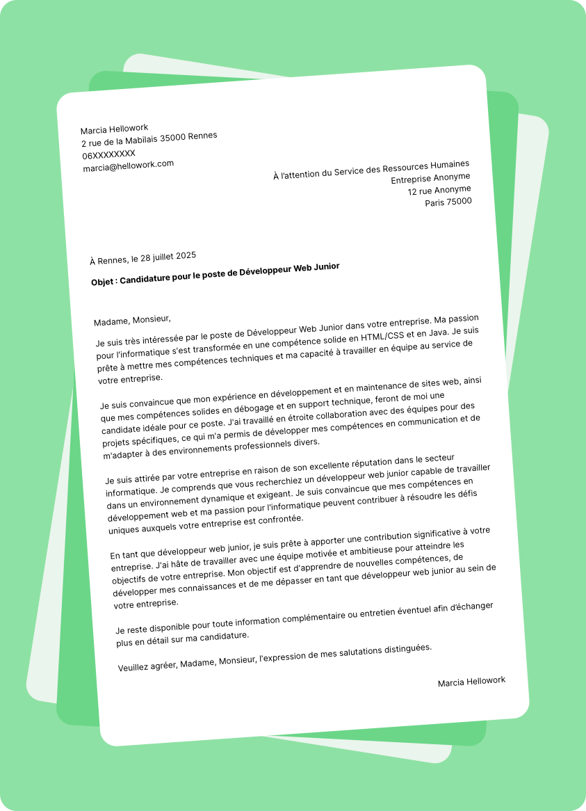 Exemple lettre de motivation pour le secteur Informatique Debutant