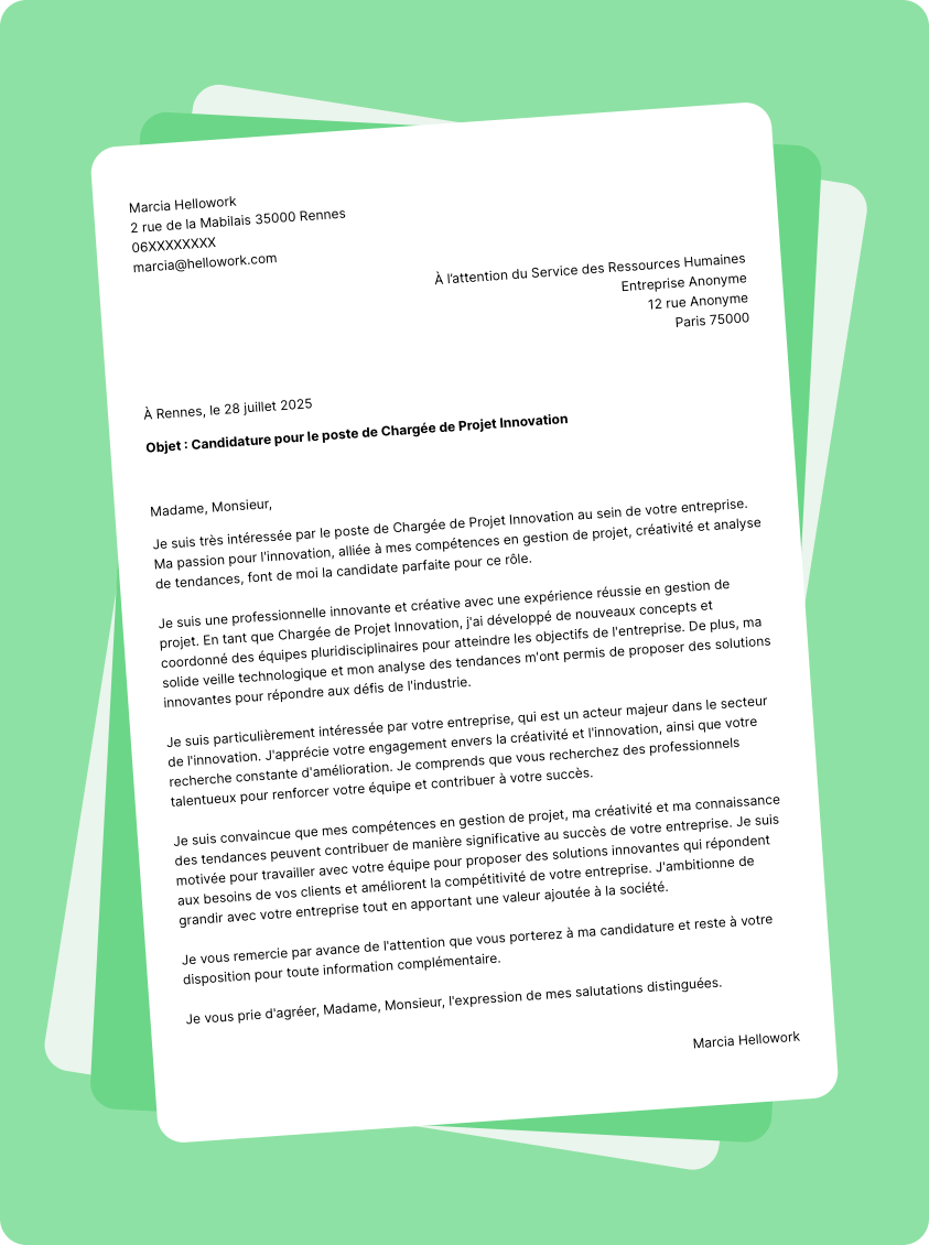 Exemple lettre de motivation pour le secteur Innovation