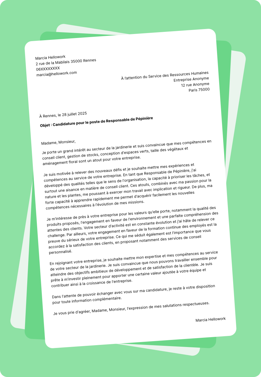 Exemple lettre de motivation pour le secteur Jardinerie