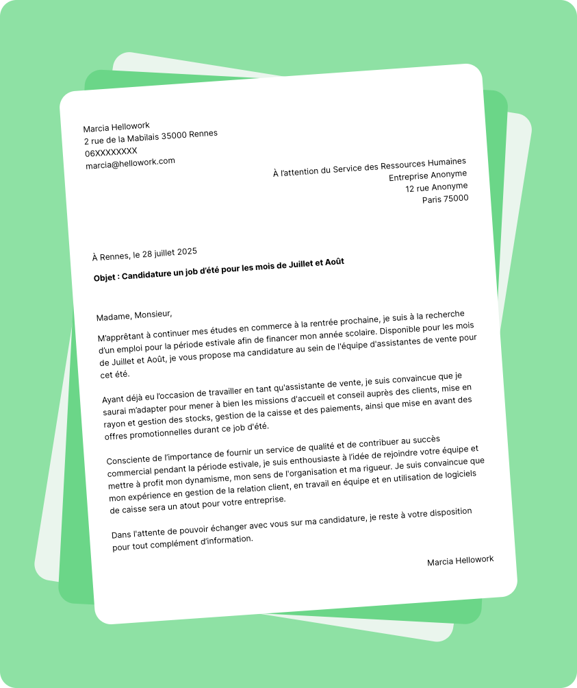 Exemple lettre de motivation Job été