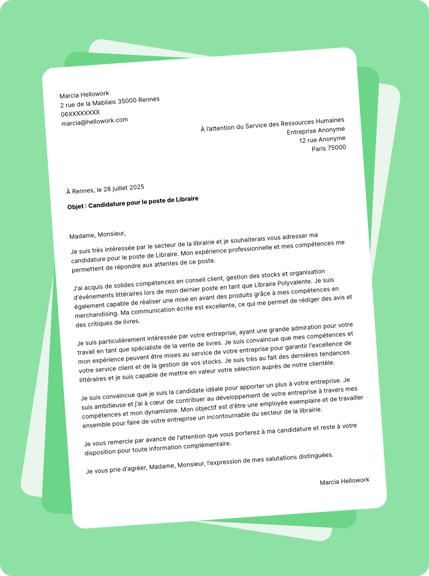 Modèle lettre de motivation pour le secteur Librairie Exemple lettre de motivation pour le secteur Librairie