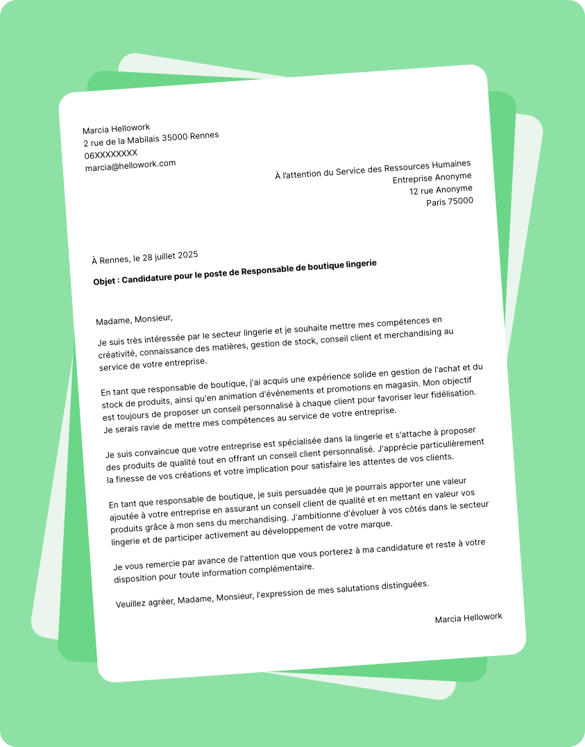 Modèle lettre de motivation pour le secteur Lingerie Exemple lettre de motivation pour le secteur Lingerie